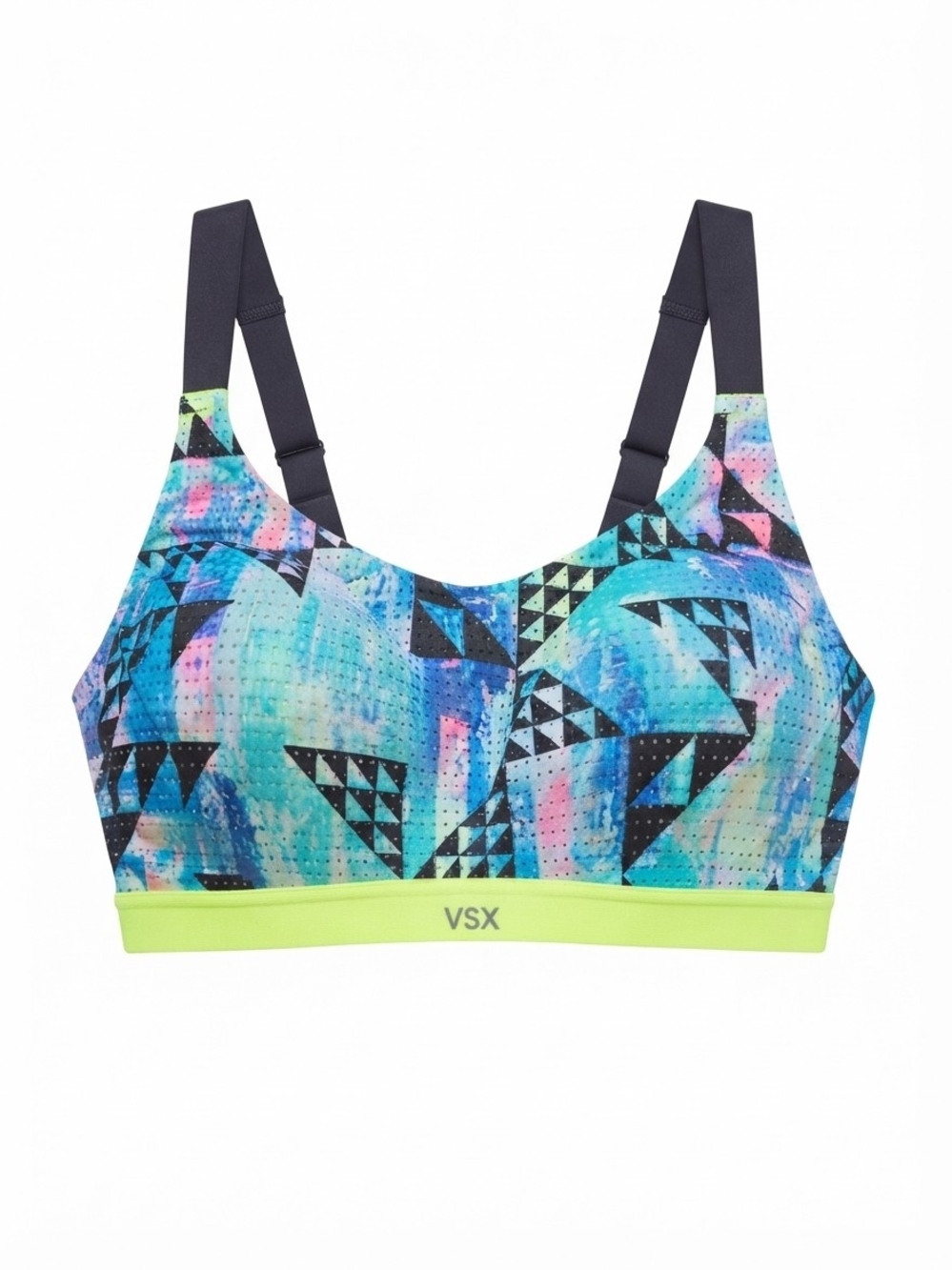 VSX Aqua Multi Geometric Sports Bra with Neon Yellow Band